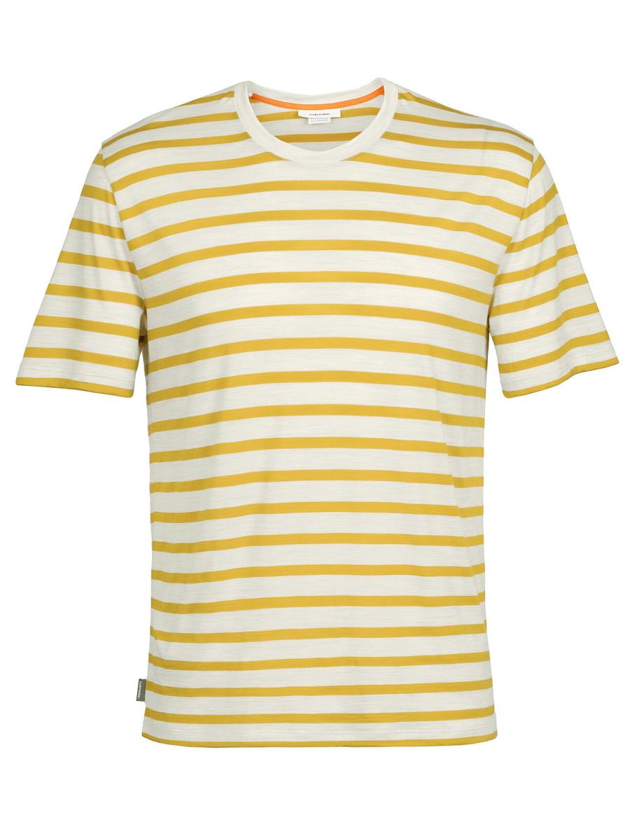 Ecru Heather / Silent Gold Men's Icebreaker Merino Drayden Short Sleeve Stripe T Shirts | USA 1185QMAZ